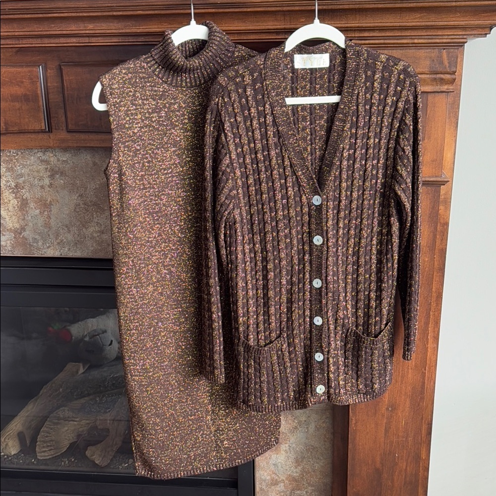 Brown with gold throughout sleeveless sweater dress/ cardigan sweater set S/M